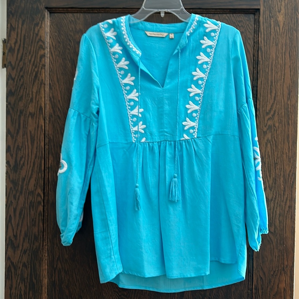 Soft Surroundings sky blue embroidered and beaded linen look top S